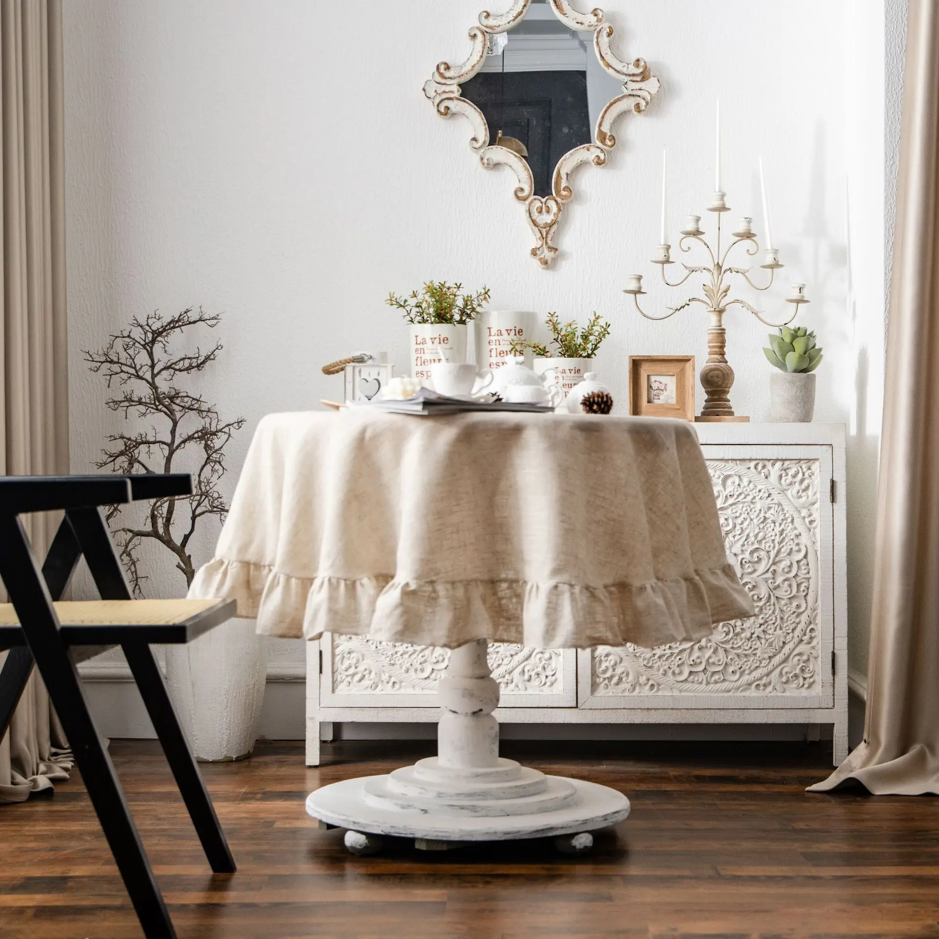 Household Solid Plain Ruffle Edge Cotton Linen Tablecloth Home Hotel Decorative Round 150cm Table Cloth Cover Beige