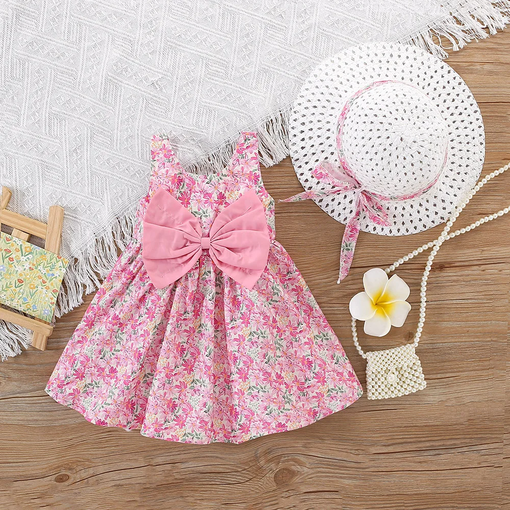 Baby Dresses Summer Floral Bow Pattern Suspender Fluffy Girl Kid's Dress Cute Casual Beach Baby Girl Clothing