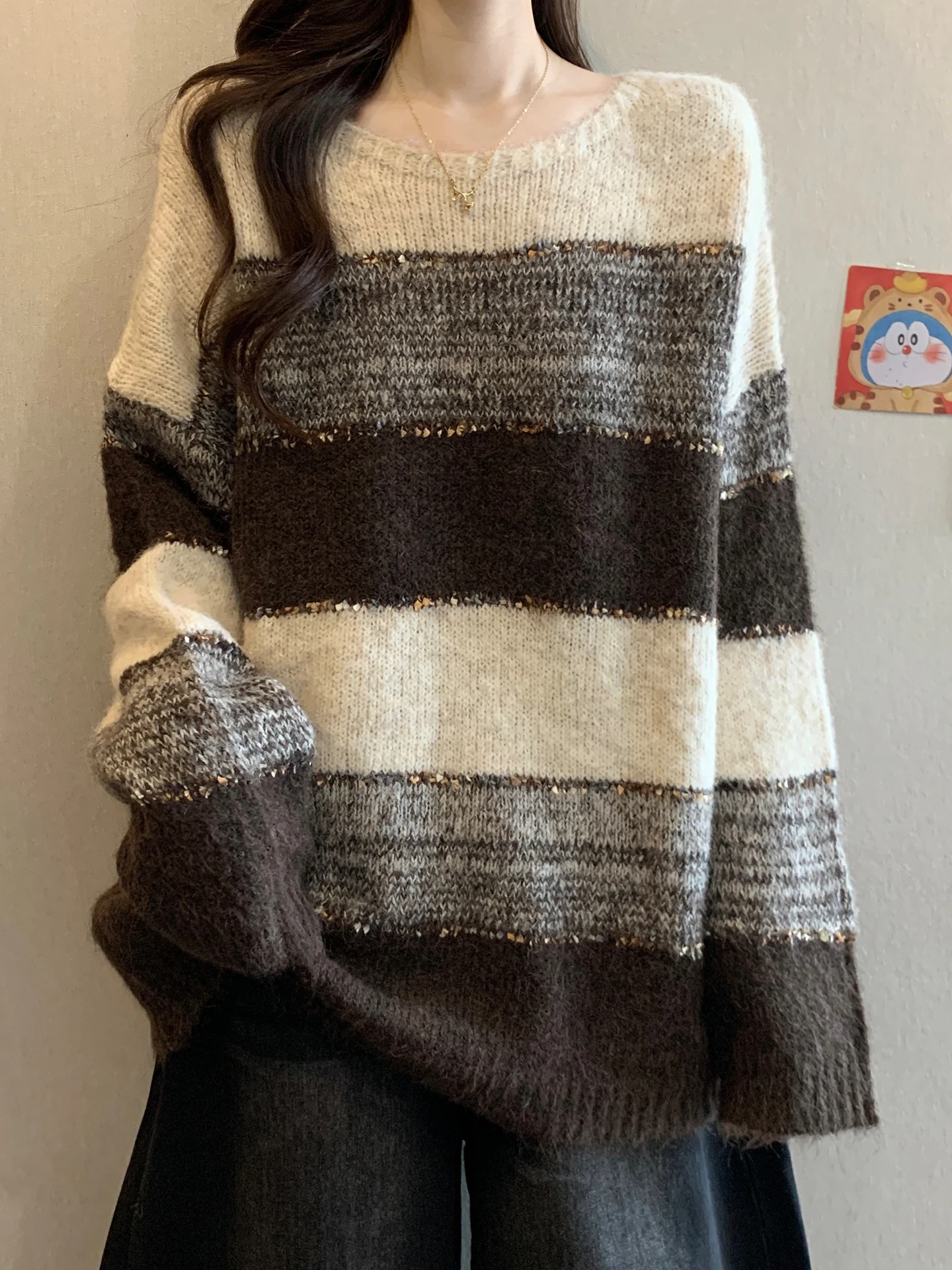 

Мягкий свободный полосатый вязаный свитер, женский осенне-зимний свитер больших размеров, скрывает живот, элегантный топ, удобный уютный свитер с принтом