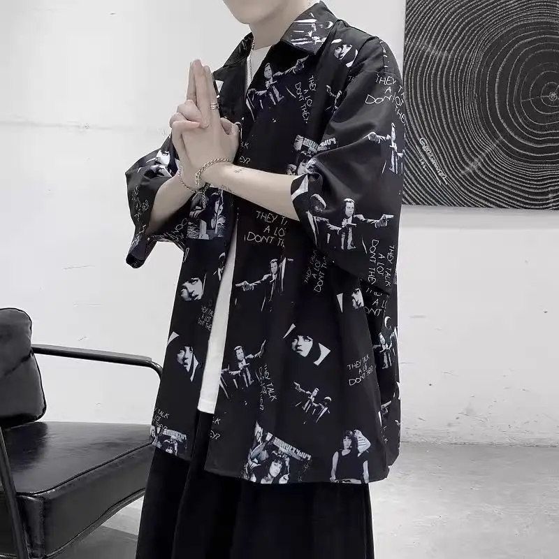 2023 Men\'s Clothing Turn-down Collar Loose Printing Button Elbow Sleeve Thin Spring Summer Streetwear Man Casual Korean Shirts