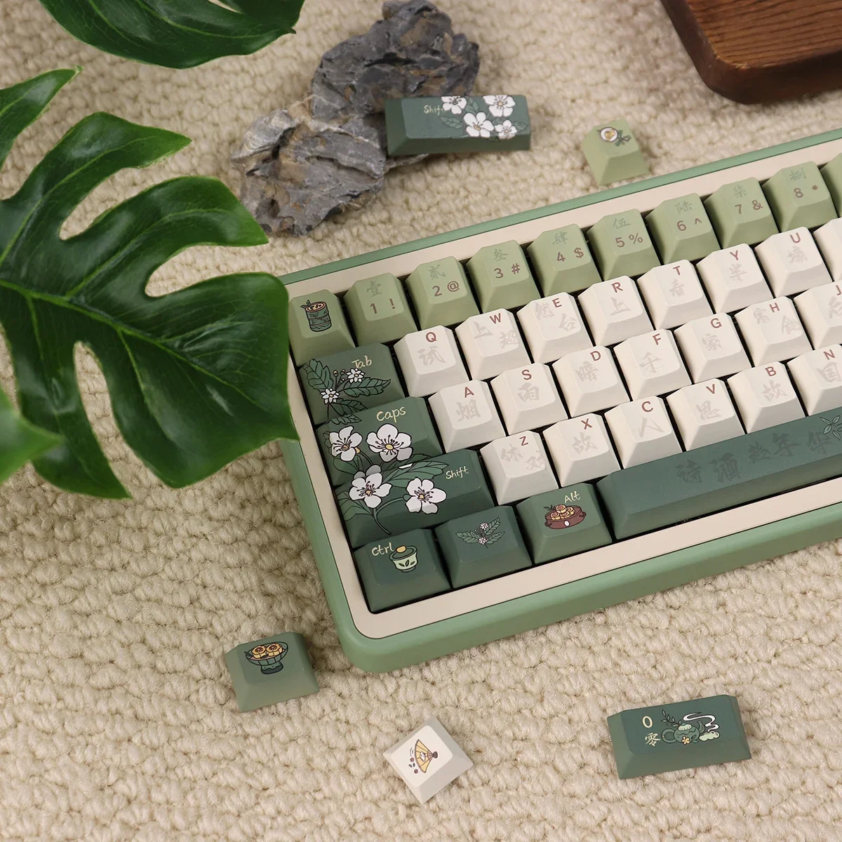 Retro Green Wangjiangnan Keycap 152 Key Pbt Thermal Sublimation Cherry Pbt Chinese Style Flower Ansi Iso Alice Layout Keycap