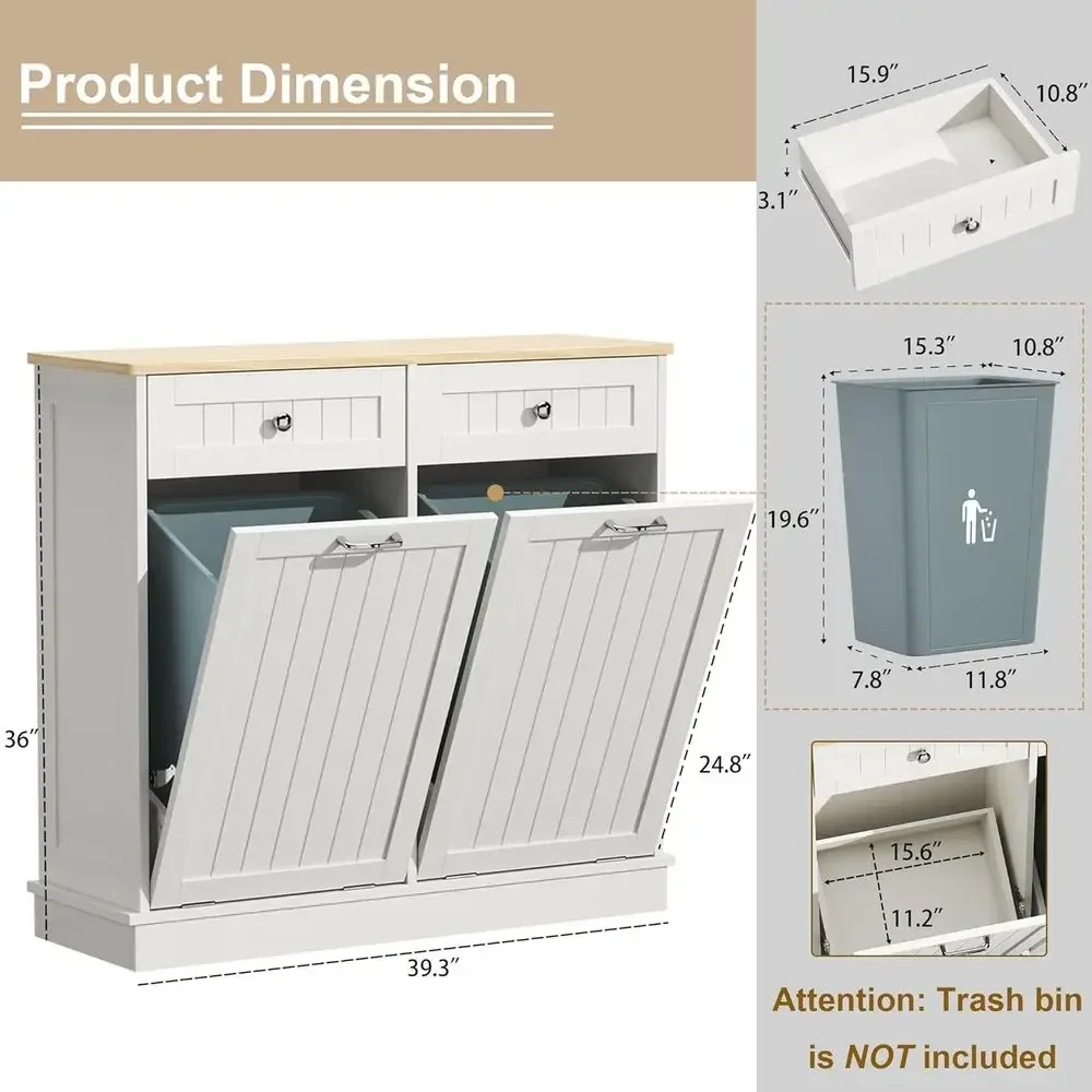 White Wooden Double-Holder Kitchen Trash and Recycling Cabinet