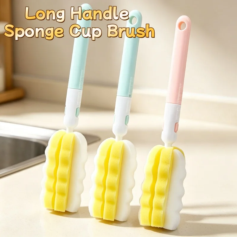 Long Handle Sponge Bottle Cup Brush Removable Replacement Sponge Head Cleaning Brush for Glass Mug Baby Bottle