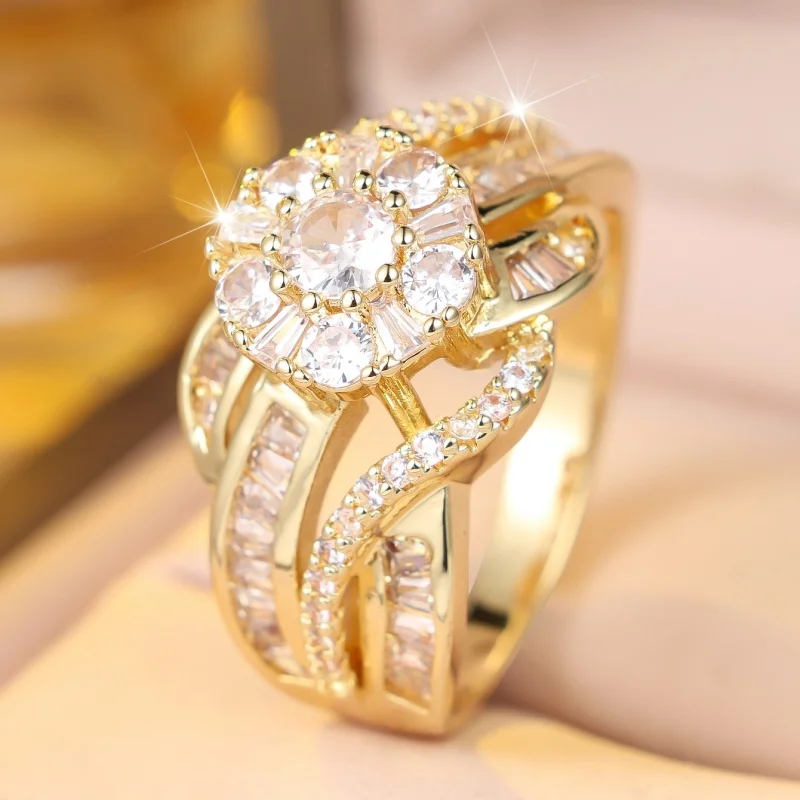 European and American Heavy Industries Flower Gold Ring Multi Layer Twisted Arm Ladder Square Broken Diamond Interwoven Jewelry