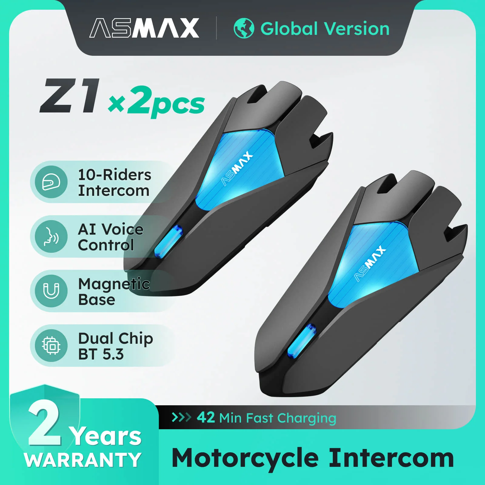 ASMAX Z1 Headset Bluetooth sepeda motor, 2 buah sistem komunikasi helm untuk 10 pengendara sepeda motor interkom BT5.3 IP67 tahan air