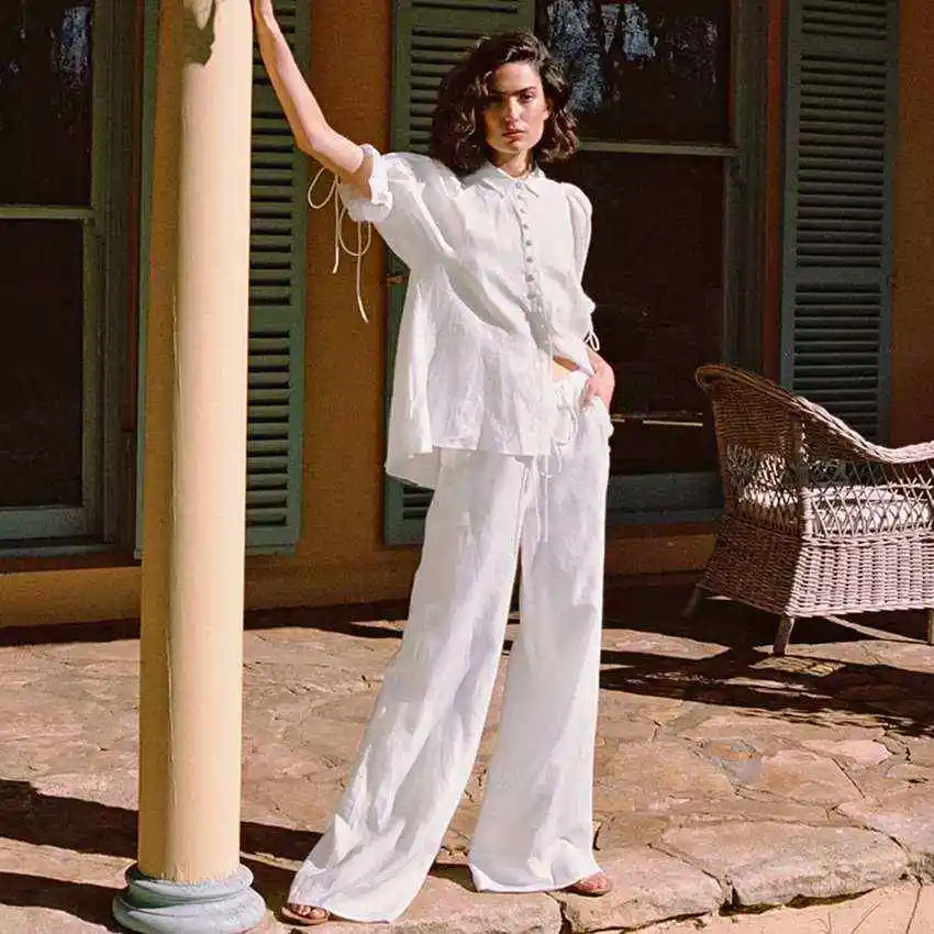 

Новый летний хлопковый льняной брючный костюм ort Sve irt, корейский брючный костюм с прямым вырезом и узлом, с вышивкой на холодные плечи...