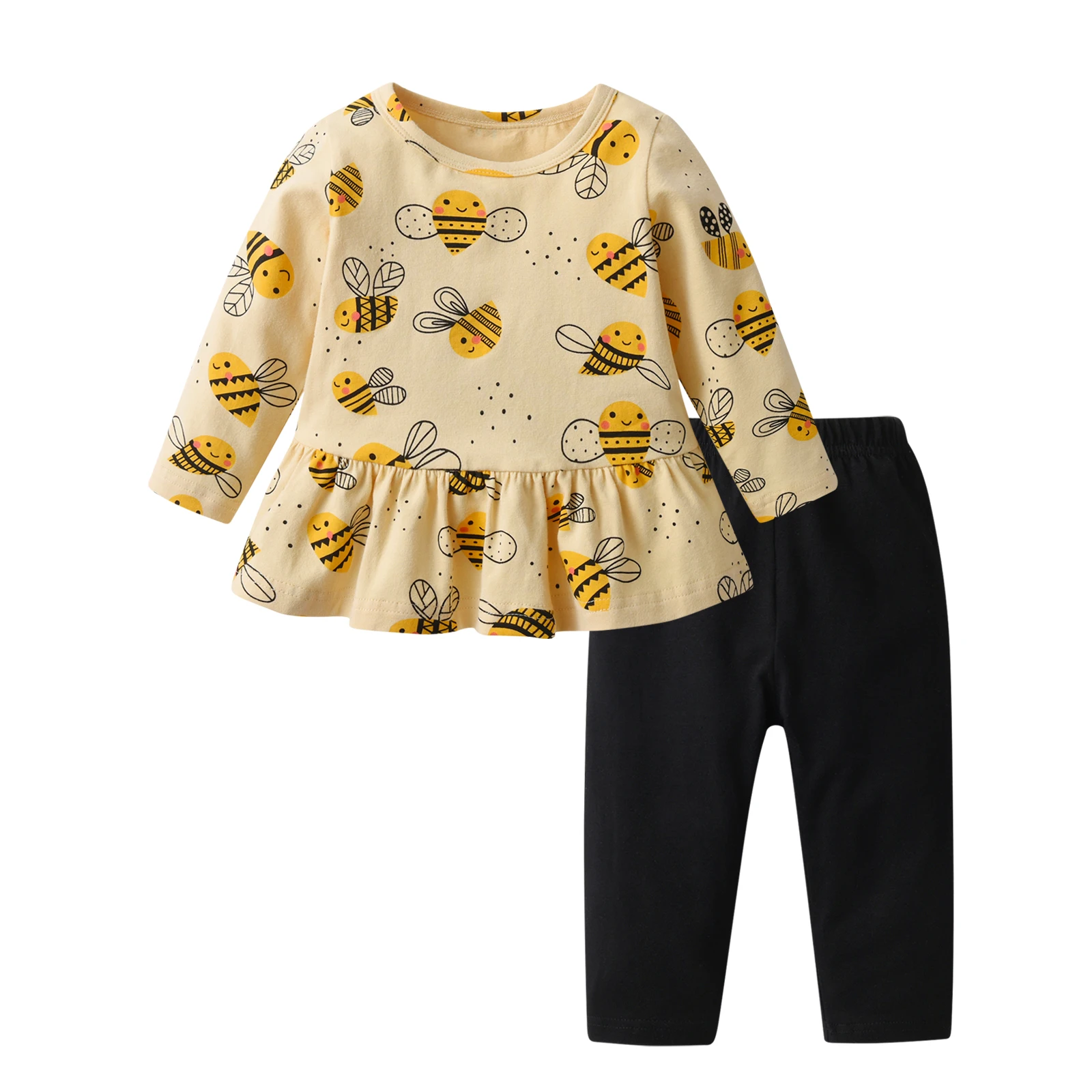 Casual Toddler Kids Baby Girl 2PCS Clothes Set for 1 2 3 4 T Spring Autumn Bee Printed Long Sleeve Top and Pants Outfit for Girl