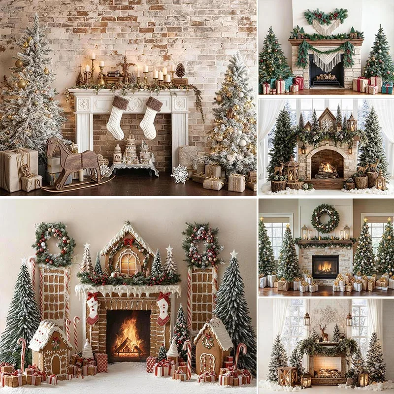 LS Christmas Fireplace Backdrop Tradition Xmas Tree Wreath Gift Box Holiday Photo Family Portrait Studio Photography Background