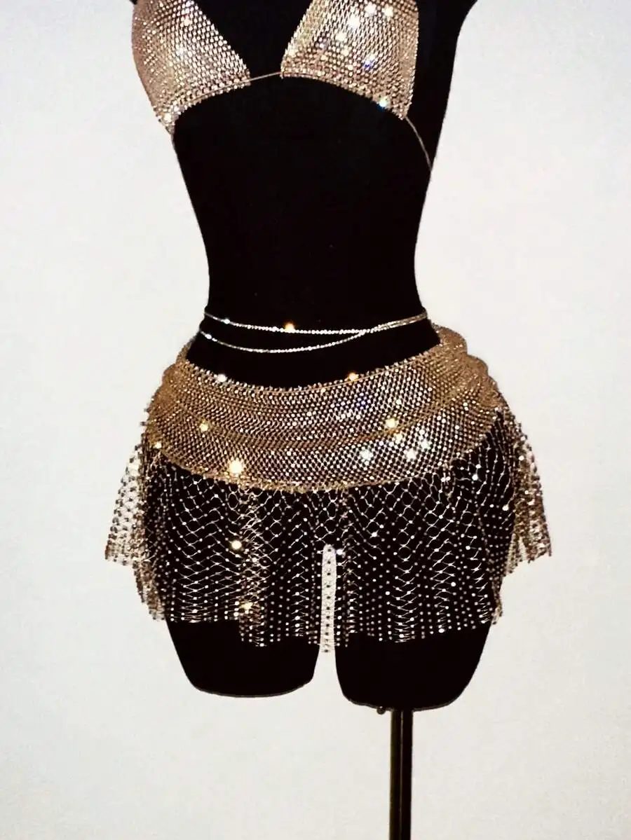 

Sexy Rhinestone Fishnet Mini Skirt For Party Dance Showgirl Belly Dancer Outfit