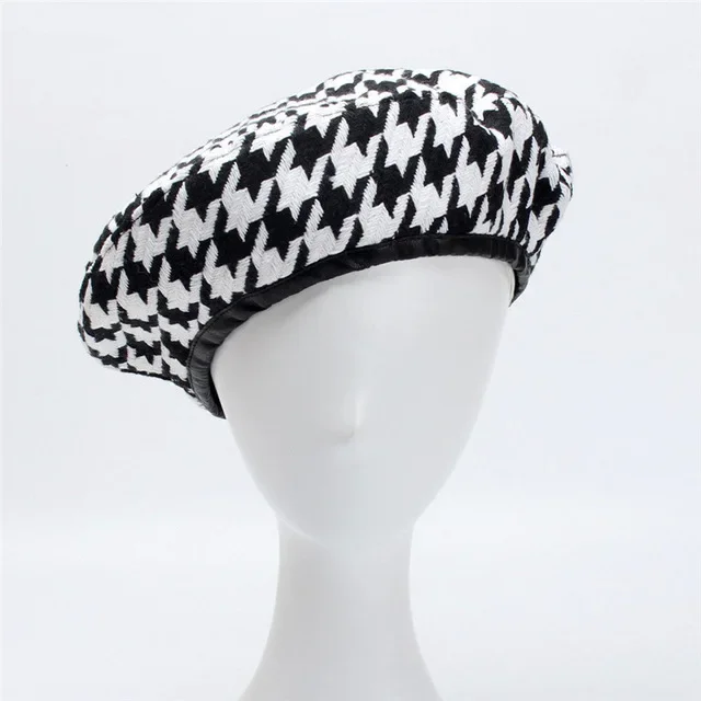 High Quality Hat Ladies Winter European and American Fashion Black and White Houndstooth Beret Painter Hat Flat Cap Artist Hat