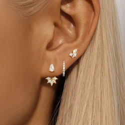 CANNER 1 Set Crown Horse Eye Petals Zircon 925 Sterling Silver Minimalism Stud Earrings For Women Ins Octagonal Star Earrings