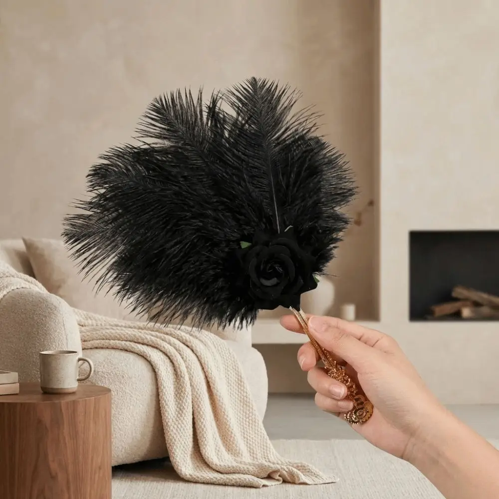 Gold Handle Ostrich Feather Fan Handmade Craft Soft Fluffy Feather Rose Fan Artificial Rose Dance Fan Dance Performance
