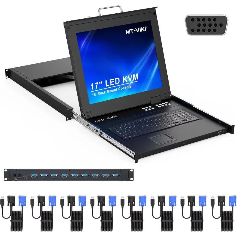 Rack-Mounted KVM Switch 8-Port 17'' LCD Monitor 1U 19'' Rack Support OSD/Hotkey Integrated Keyboard Touchpad 8 Cables