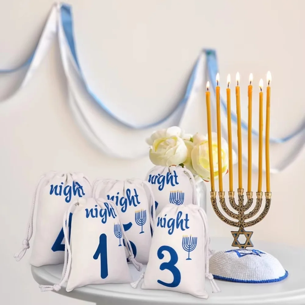 20 pcs Nights of Hanukkah Burlap Gift Bags Treat Goodie Bags Candlestick Candy Cookie Packing Hanukkah Party Supplies Decor