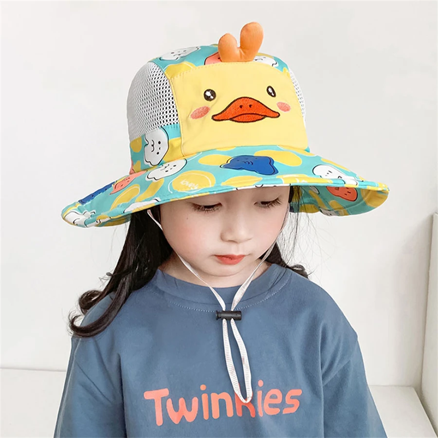 2-8 years Children\'s sun hat, summer thin fisherman hat, boys and girls, cartoon sun hat, large brim, foldable net hat