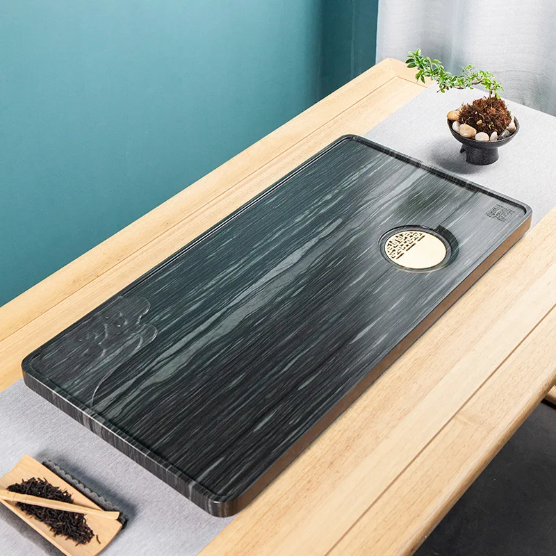 New Luxury Vintage Natural Green Wood Grain Stone Tea Tray Stone Huangtingyu Stone Tea Table with Drain Pipe Home Gift