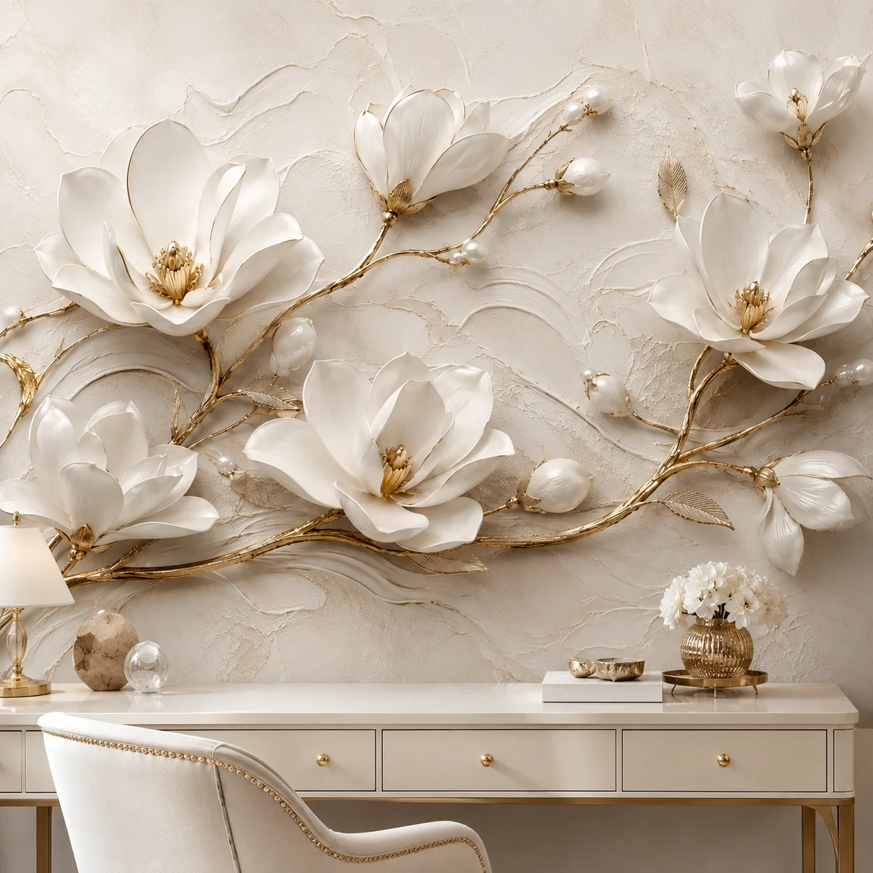 3D White Magnolia Flower Wall Mural Wallpaper, Gold Branch Luxury Relief Texture Bedroom Headboard Background, Paste Required
