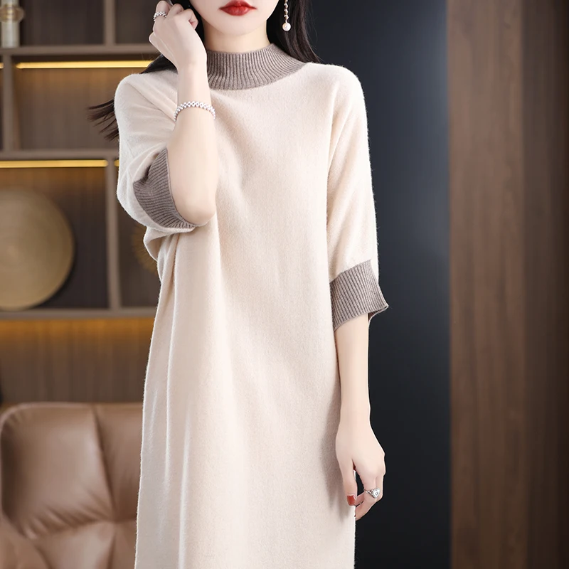 23 New women\'s 100% pure wool dress sweater long slim half high neck women\'s short sleeve pullover cashmere sweater summer