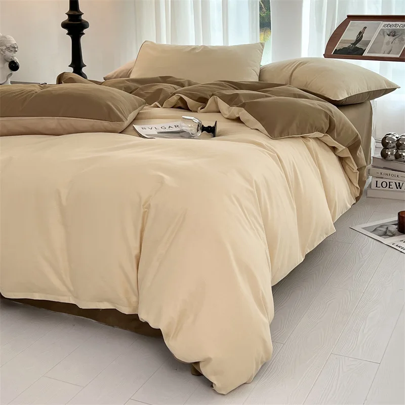 New cotton solid color double splicing four piece set, simple cotton dormitory three piece set, duvet cover, bed sheet, bedding