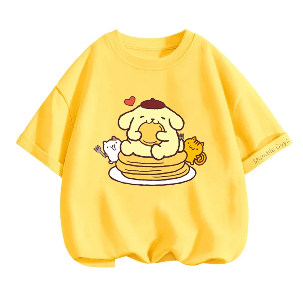 Kawaii Anime Pom Pom Purin Cut Cartoon Boys Clothes Girls Summer Short Sleeve Teen T-shirt Versatile Loose Top Birthday Gift