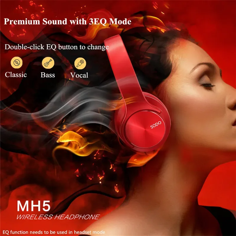 سماعات رأس لاسلكية SODO MH5 2 في 1 هاي فاي ستيريو متوافقة مع بلوتوث 5.0 فوق الأذن مع ميكروفون يدعم TF/FM