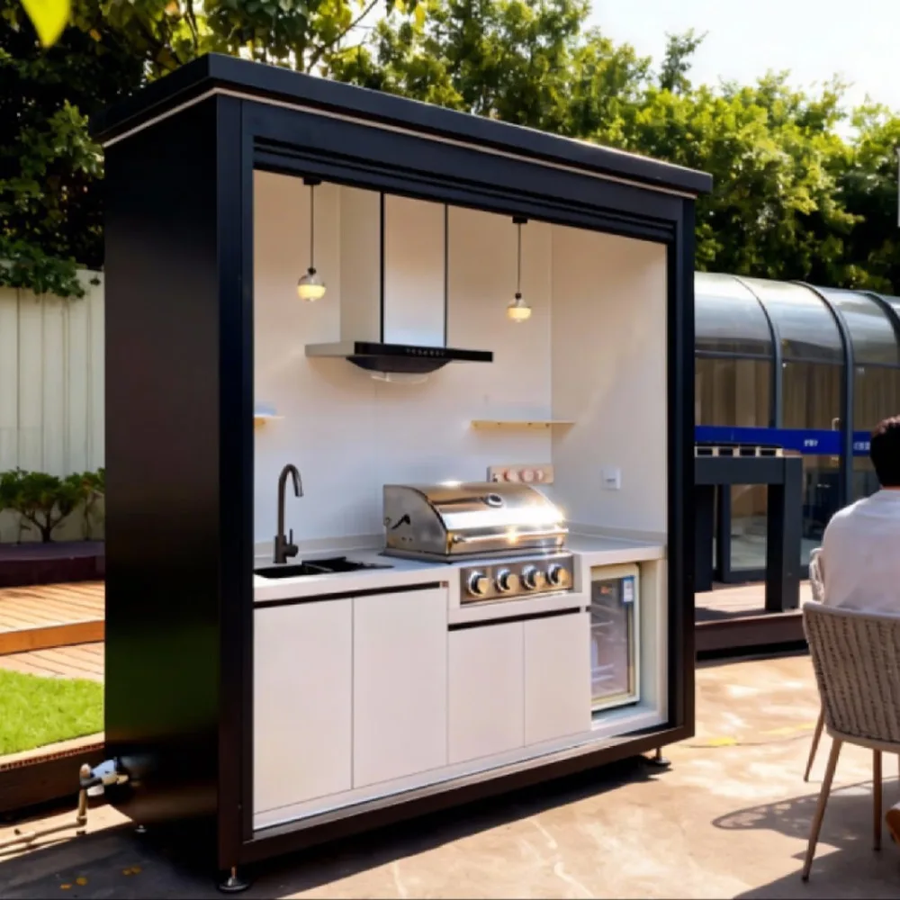 Multifunctional Outdoor Kitchen BBQ Grill Station Aluminum Patio Storage Cabinet Smart Flip-Top Island for Garden Balcony