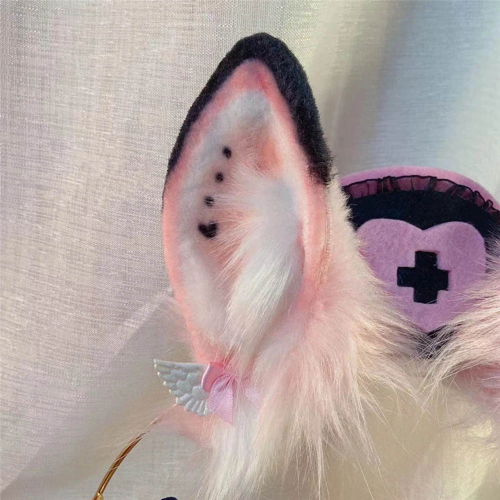 Hecho a mano Anime Navidad Halloween bestia animales conejito rosa Orejas de conejo aro para el pelo sombrero de enfermera cola para juego de Lolita fiesta Cosplay