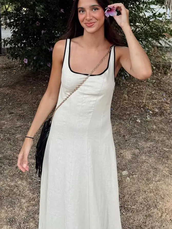 HH dames vakantiestijl chique rugloze lange jurk witte vierkante kraag rits vrouwelijke zomermode mouwloze jurken