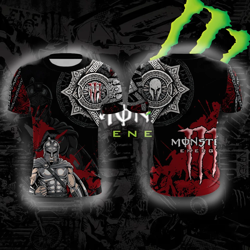 تي شيرت مونستر إنيرجي سبارتان واريور بنمط كلاسيكي حبر رش قوي القتال ذو وجهين مطبوع بأكمام قصيرة #3