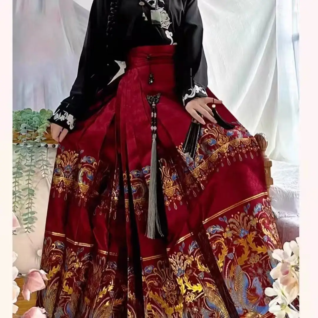 Traditioneller Chinesischer Goldgewebter Pferdegesichtsrock für Damen, Bühnenshow-Anzug, Alltagskleidung, Rotes Halbkleid, Neuer Chinesischer Stil Kostüm