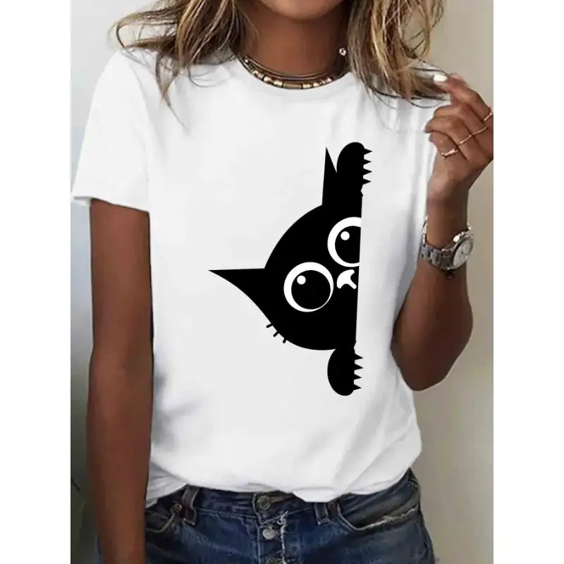 

Funny Black Cat Peeking Out T-Shirt for Women Cute Kitten Graphic Tee Casual Summer Top
