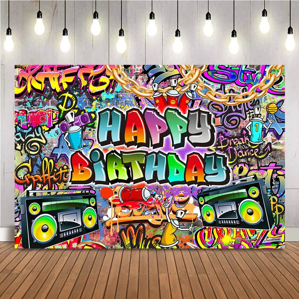 Neon Graffiti Birthday Backdrop Retro Hip Hop Background 80s 90s Party Photography Background Dark Glow Splatter Birthday Party