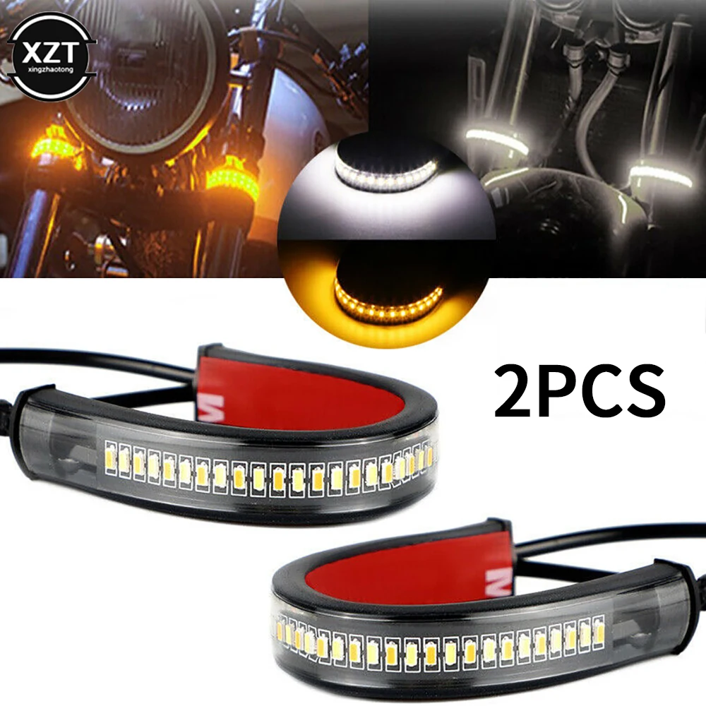 2Pc 12V Universal Motorcycle LED Turn Signal Light Flowing Amber LED Fork Turn Signal Strip Light Super Bright Flashing Blinker