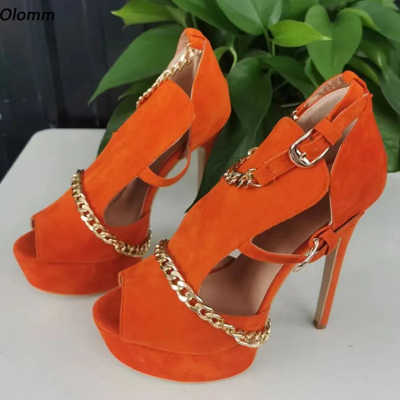 

Olomm Handmade Women Summer Platform Sandals Sexy Stiletto Heel Peep Toe Pretty Orange Red Pink Fuchsia Shoes Size 35 47 45 52