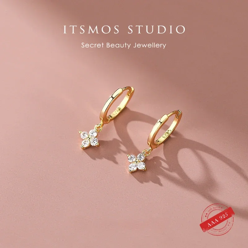

ITSMOS s925 висячие серьги из стерлингового серебра с цветком, милые серьги-кольца, простые серьги с бриллиантами и цирконием, четырехлистные серьги с цветком для женщин