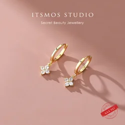 ITSMOS s925 Sterling Silver Dangle Earrings Flower Sweet Earring Hoop Simple Diamond Pave CZ Four-leaf Flower Earring for Women