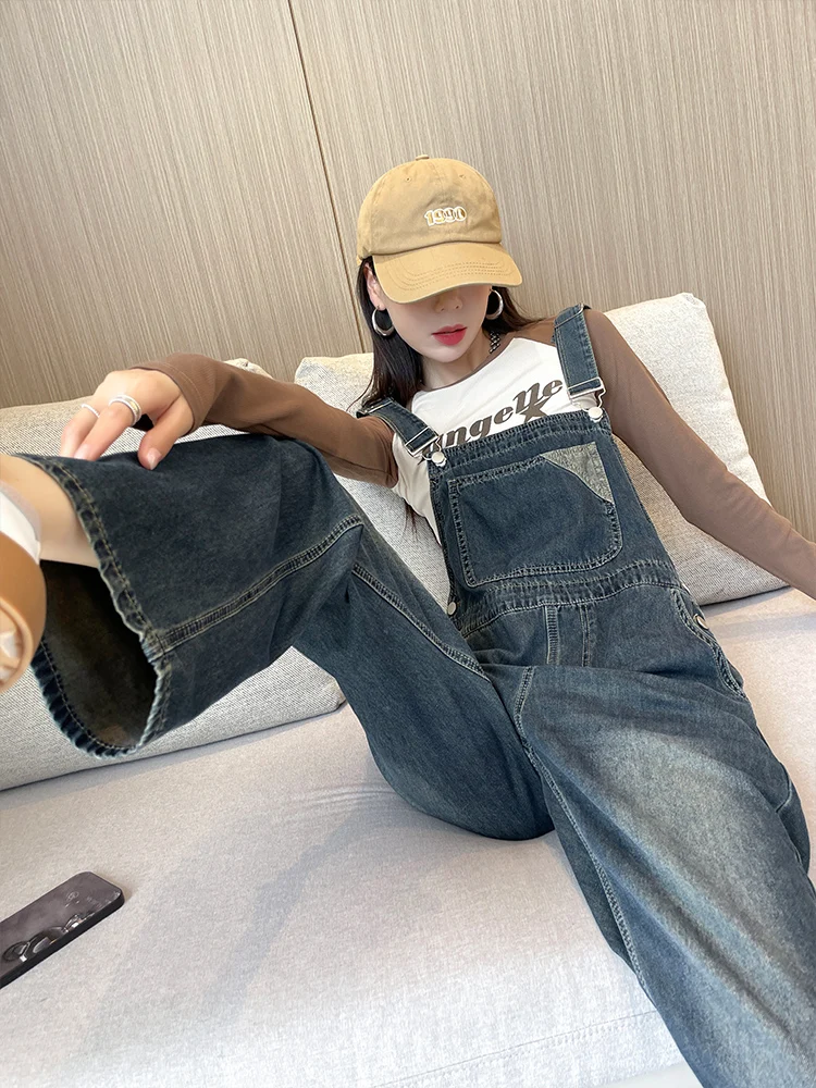 

High Waist Denim Overalls Women's Spring Autumn Loose Fit Versatile Slimming Wide Leg Cargo Pants Anti-Wrinkle Cotton Blend