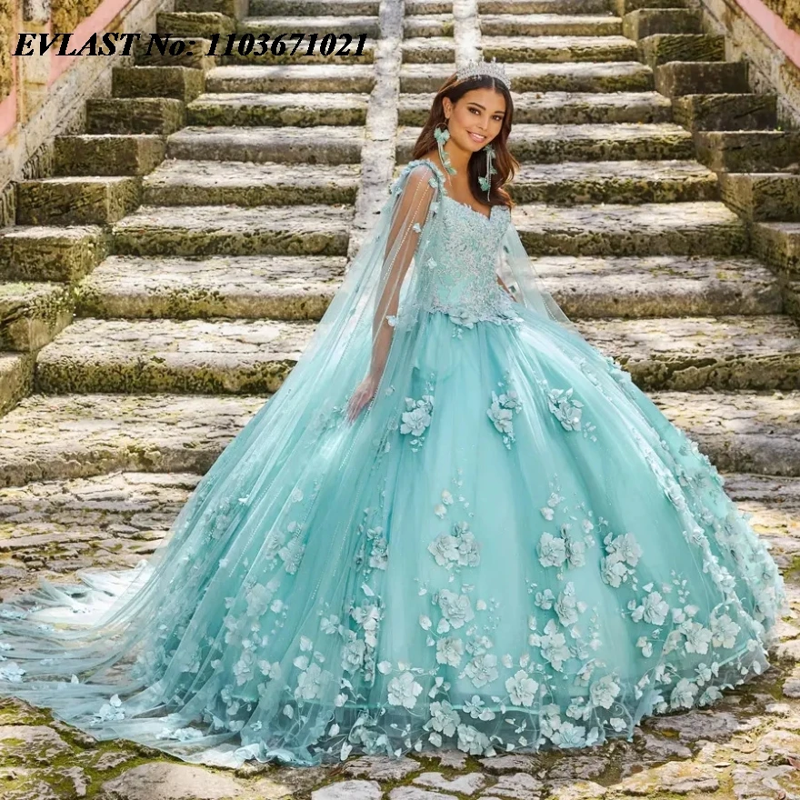 EVLAST ที่กําหนดเองสีแดง Quinceanera Ball Gown 3D ดอกไม้ Applique Beaded Cape Bow เม็กซิโกหวาน 16 Vestidos De 15 Anos SQ221