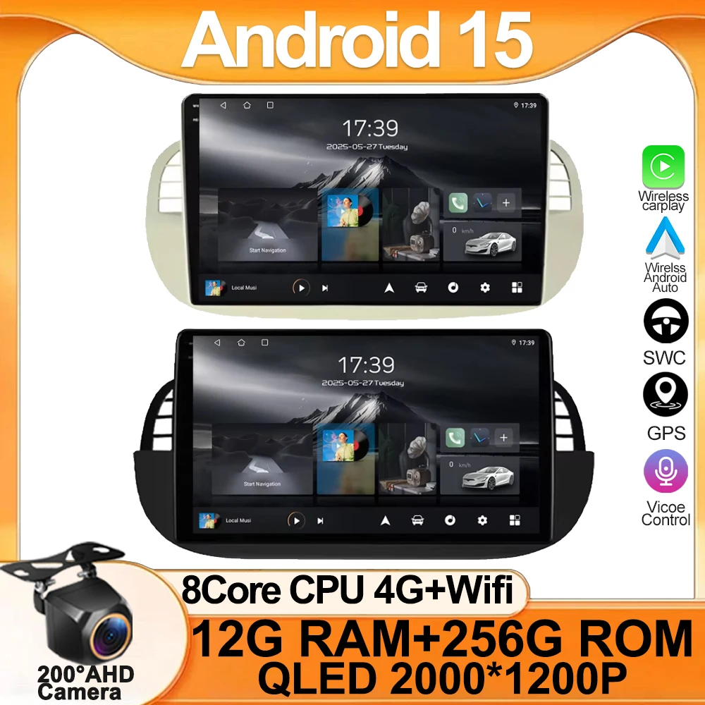 9'' Android 15 car dvd Stereo for Fiat 500 2007-2015 with GPS Navigation Steering Wheel Carplay Auto WIFI 2DIN High-performance