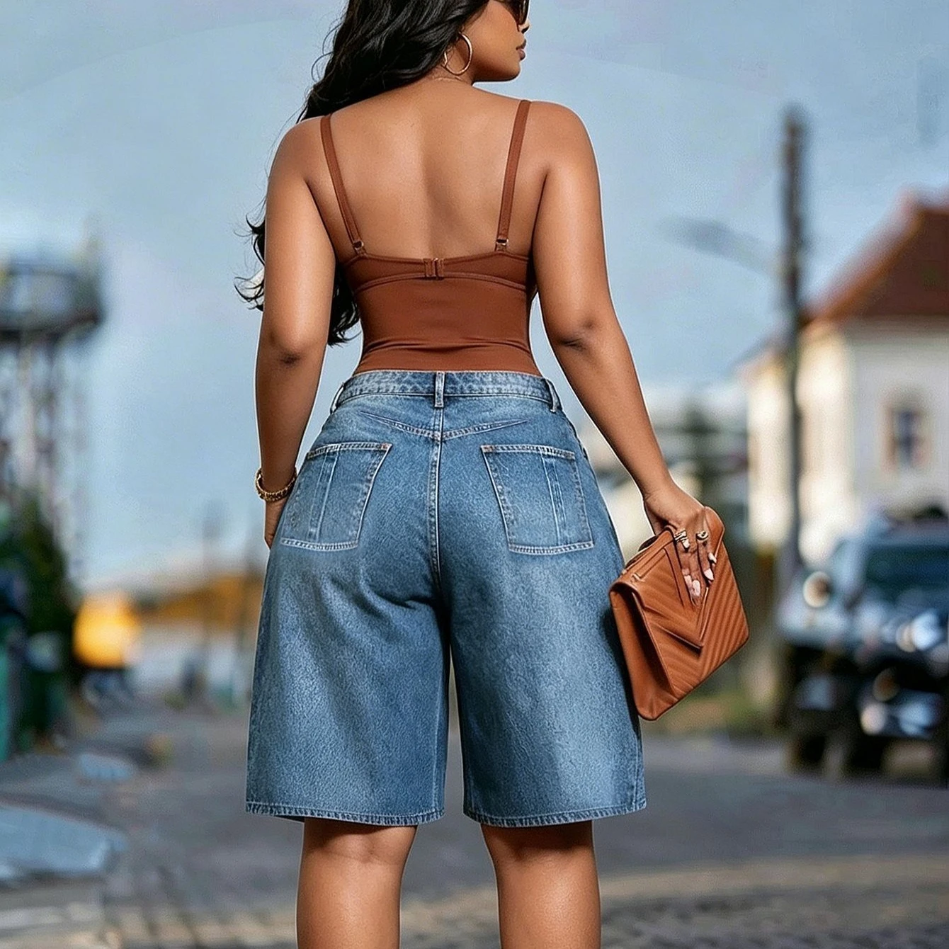 Women's Retro Denim High-waisted Straight Five-point Pants Spice Girl Street Jeans
