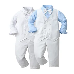 1 2 3 4 5 Years Children's Christening Dress Solid Lapel Long Sleeve Clothes Boy Gentleman Autumn Costume Kid 1st Baptism Outfit