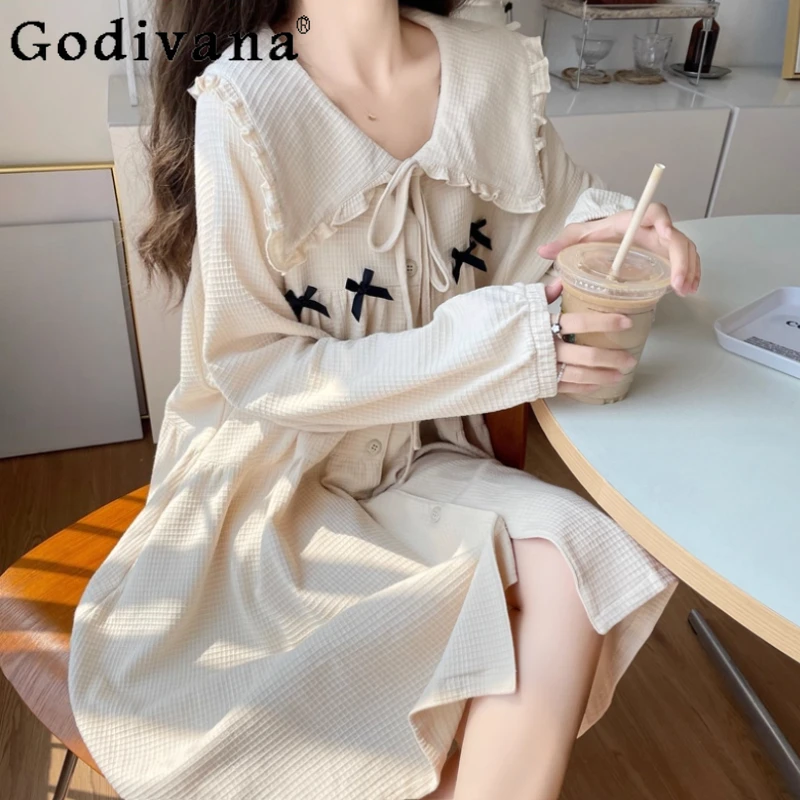 

New Cute Princess Sweet Peter Pan Collar Long Sleev Loose Nightdress Women Autumn Winter Lace Up Japanese Loungewear Dress