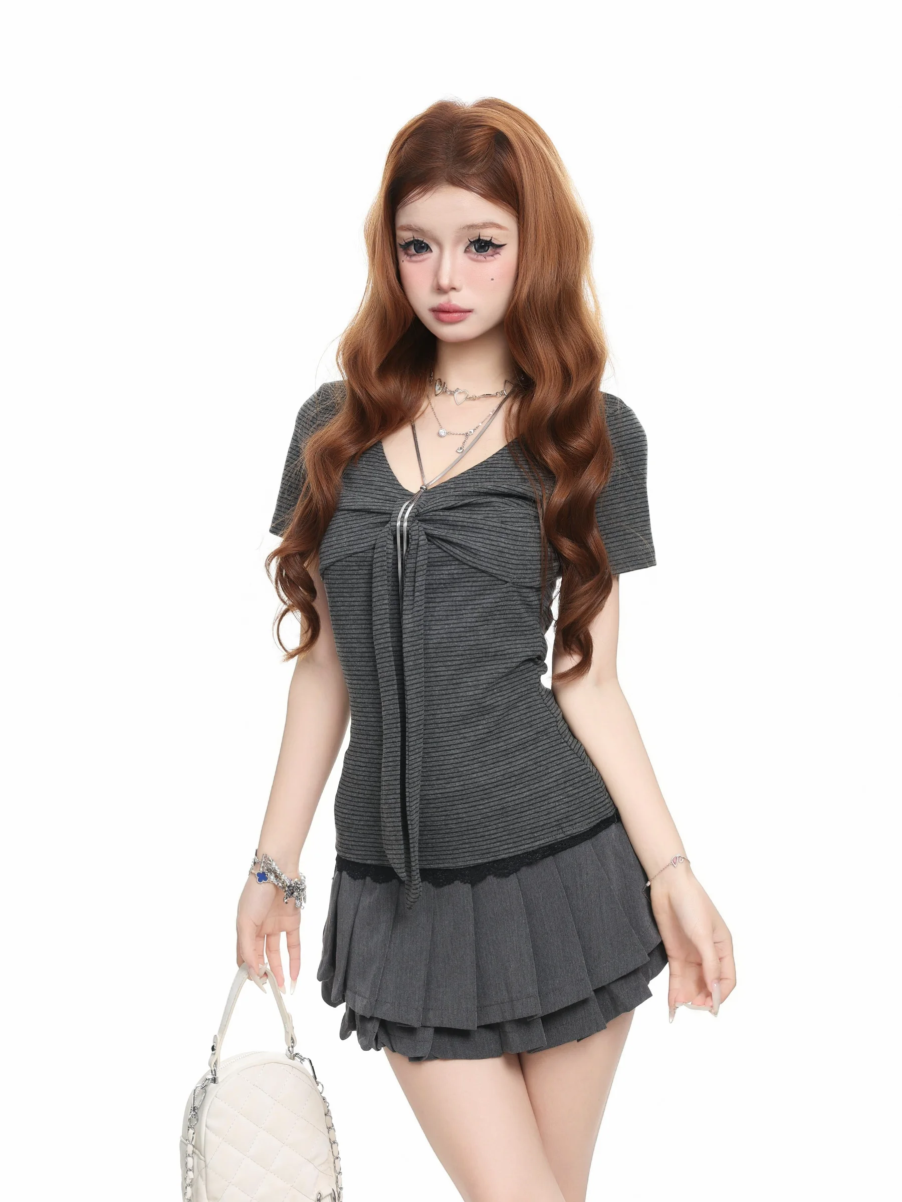 Basterds Korean Striped  Knot Short Sleeve V-neck Slim Fit Summer Sexy Women's T-shirt High Waist Lace Detail