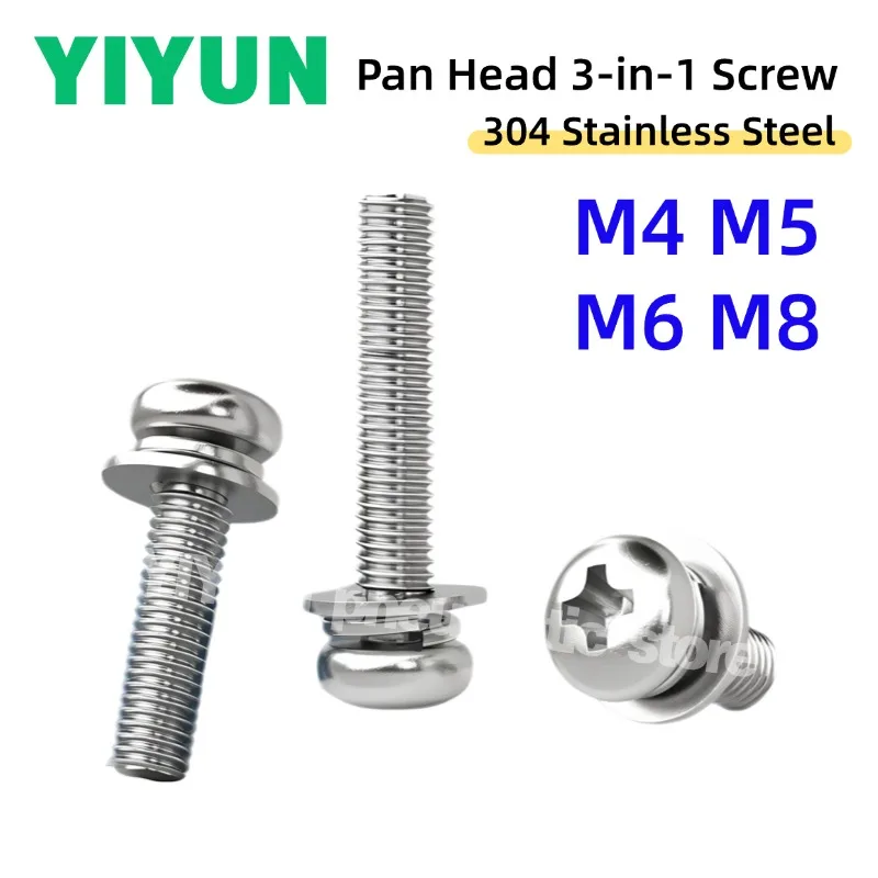 5-50pcs M4 M5 M6 M8 304 Stainless Steel Phillips Pan Head 3-in-1 Screw Screws with Flat Washer Gaskets Industrial Fasteners