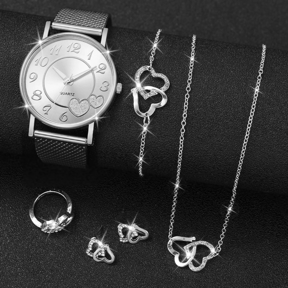 6 pçs/set Ladies' peach heart watch, high-end feel fake mesh strap watch, simple casual fashion quartz watch