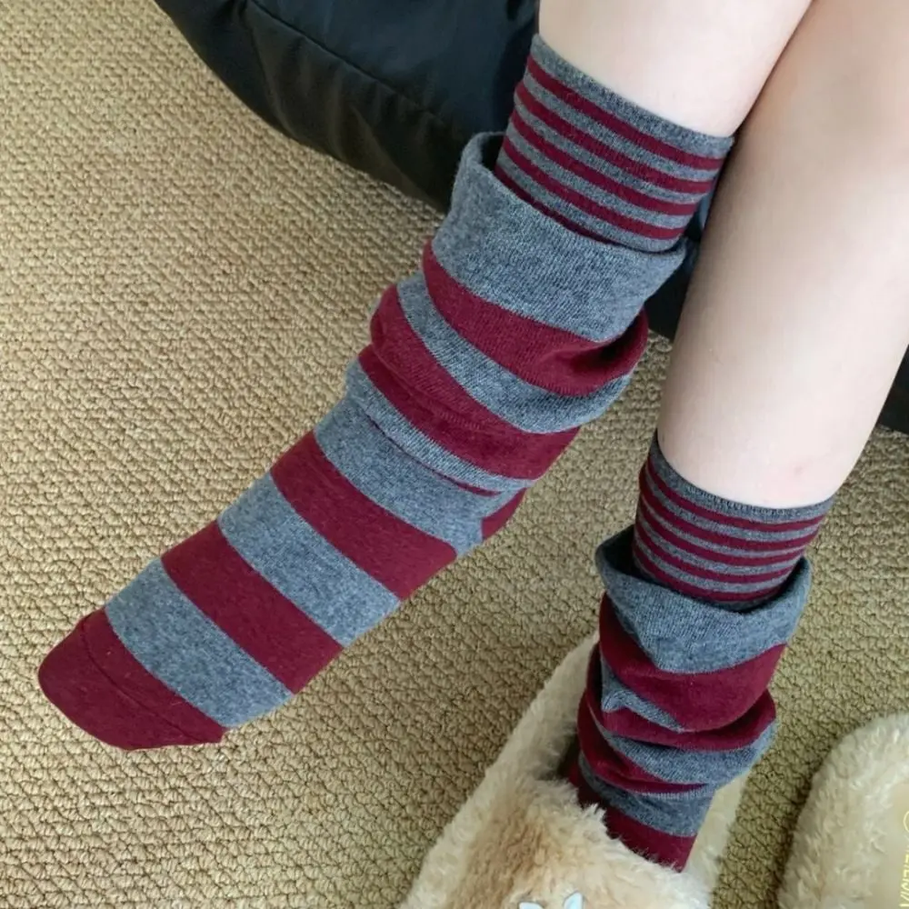 4 أزواج وهمية قطعتين كشكش شريط تخزين فضفاض دافئ المرأة تدفئة الساق مرونة المرقعة مخطط كومة الجوارب ملابس المنزل #5