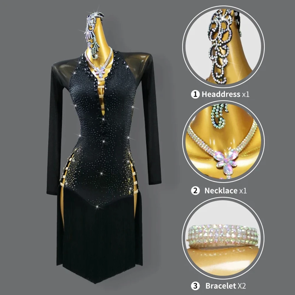 สีดําชุดเต้นรําละตินเวทีเสื้อผ้าผู้หญิงชุดเครื่องแต่งกายกีฬาสวมใส่สาวพรหมกระโปรงชุดราตรีหญิงชุดที่กําหนดเอง