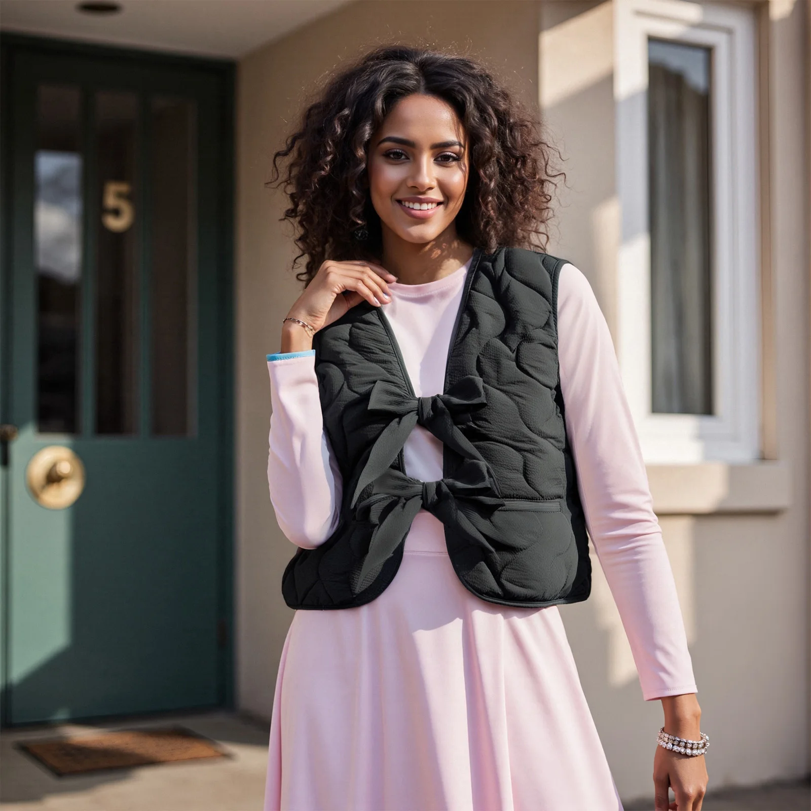 

Women Solid Color Outwear Fashionable Lightweight Sleeveless Tie Front Coat Fall Winter Puffer Vest Jacket