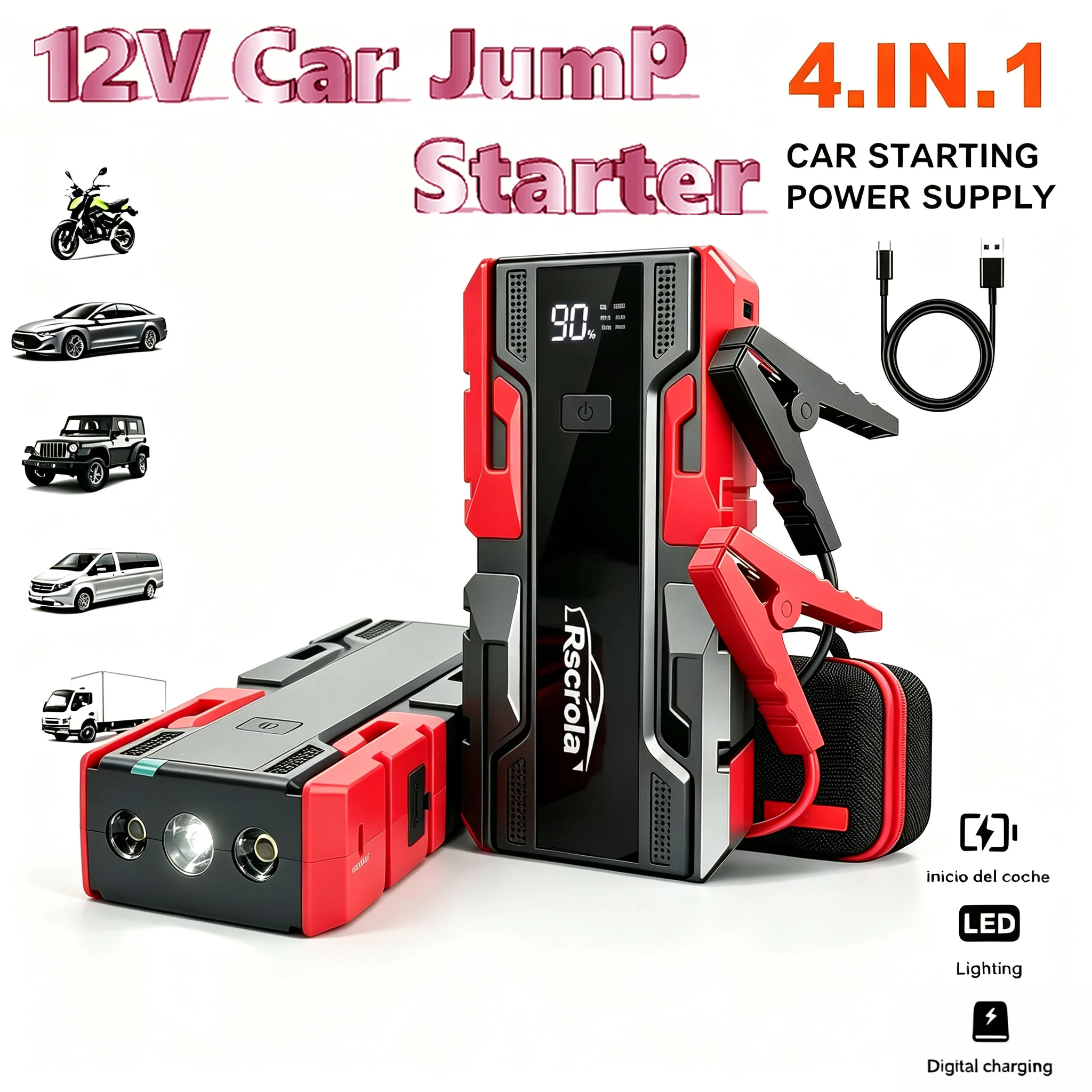 New 12V 99800mAh Portable Car Jump Starter Battery Booster Pack with Digital Display, Heavy-Duty Clamps & Carry Case
