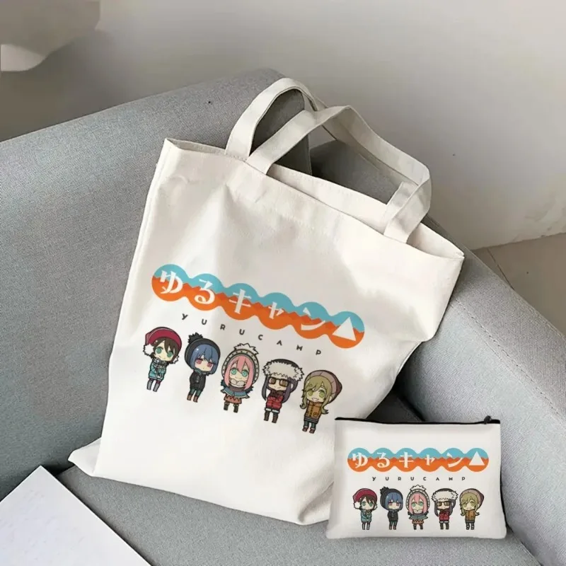 2pcs/set Yuru Camp Anime Women\'s Tote Cosmetic Bag Fashion Nadeshiko Shoulder Eco Large Capacity Travel Shopping Bag Wallet Gift